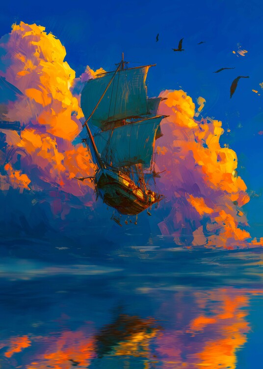 Plakát Flying Ship Fantasy Poster – Surreal Sky Voyage Wall Art – D
