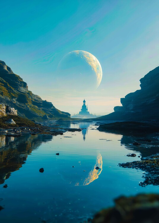 Plakát Moonlit Fantasy Castle Poster – Cosmic Reflection Landscape