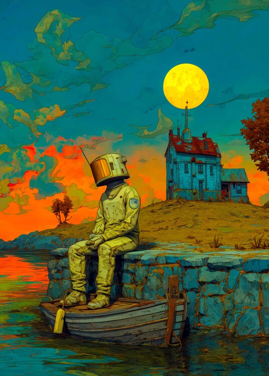 Plakát Lonely Astronaut by the Moonlit Shore Poster – Surreal Sci-F