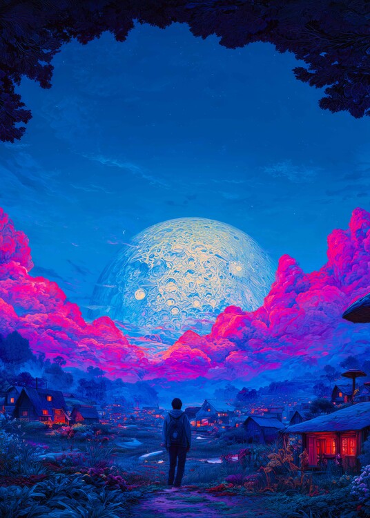 Plakát Cosmic Moon Village Poster – Neon Fantasy Landscape Wall Art