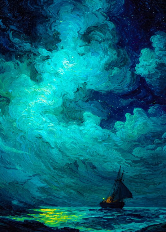 Plakát Moonlit Sailing Ship Poster – Turquoise Storm Sky Wall Art –
