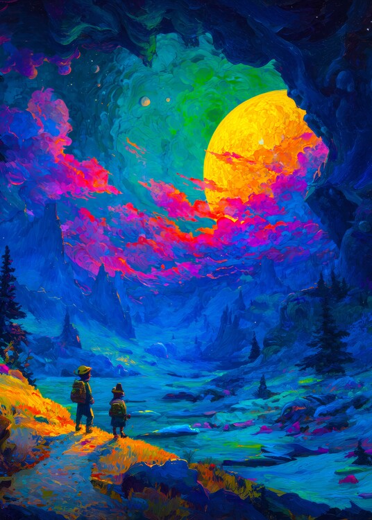 Plakát Cosmic Fantasy Valley Poster – Neon Moon Dreamscape Wall Art