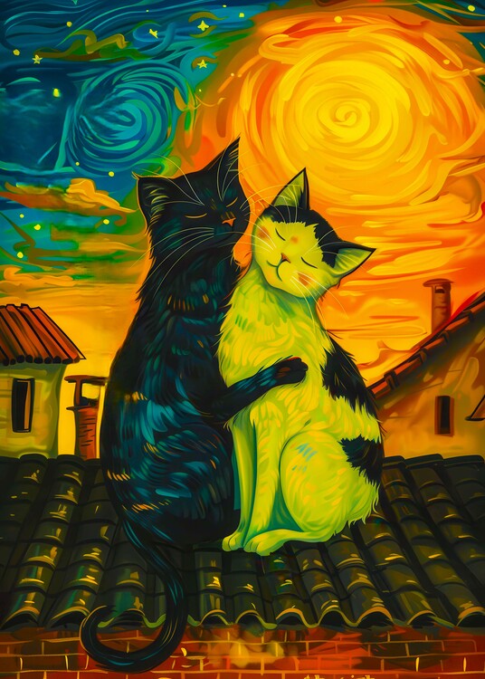Plakát Romantic Moonlit Cats Poster – Whimsical Cat Love Wall Art –