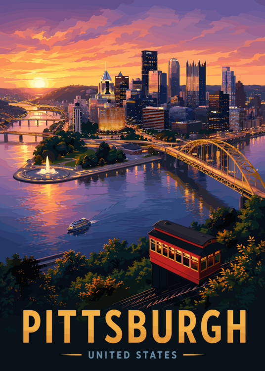 Poster Pittsburgh Sunset Skyline Poster | Pennsylvania City Wall Ar
