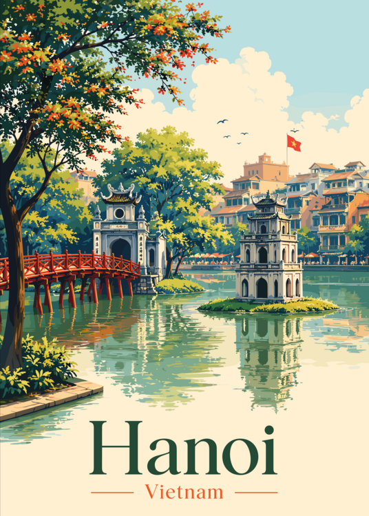 Poster Hanoi Vietnam Travel Poster | Hoan Kiem Lake Wall Art | Vint