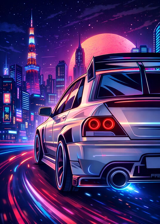 Poster White Car Japanese Night