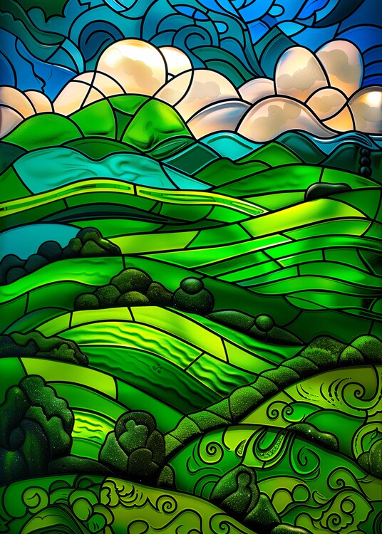 Plakát Stained Glass Landscape with rolling green hills under a bri