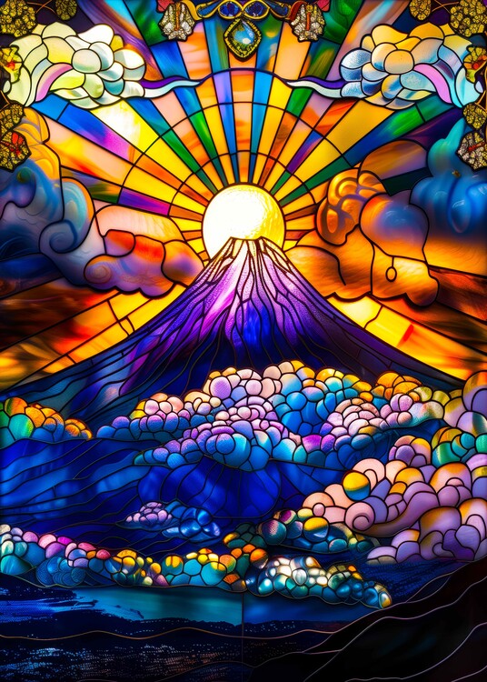 Plakát Stained glass Mount Fuji erupting from a sea of clouds.
