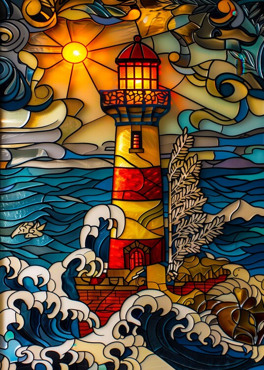 Plakát Stained glass a lighthouse against a ocean backdrop