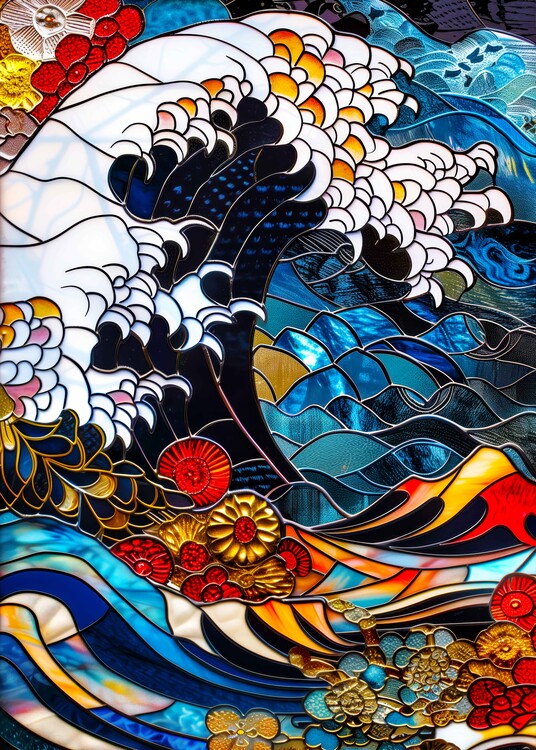 Plakát Stained glass Great Wave crashing