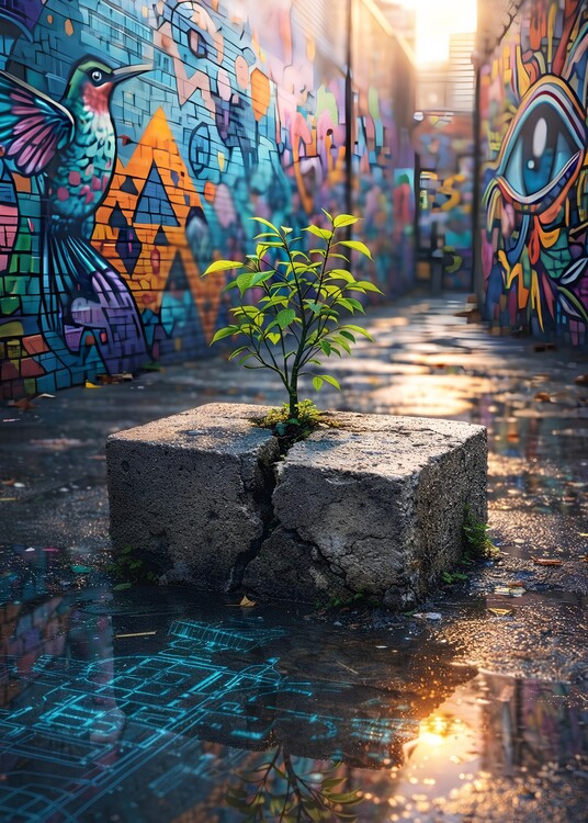Plakát Plant Growing Through Concrete in Graffiti Alley