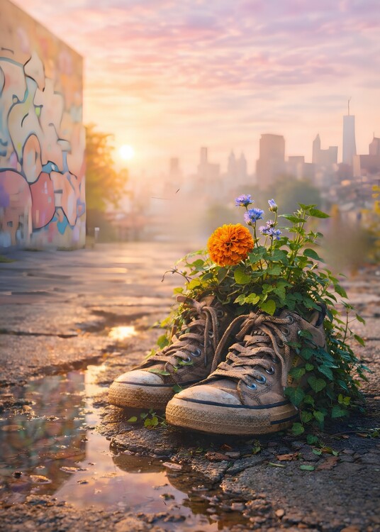 Plakát Sneakers with Flowers at Sunrise