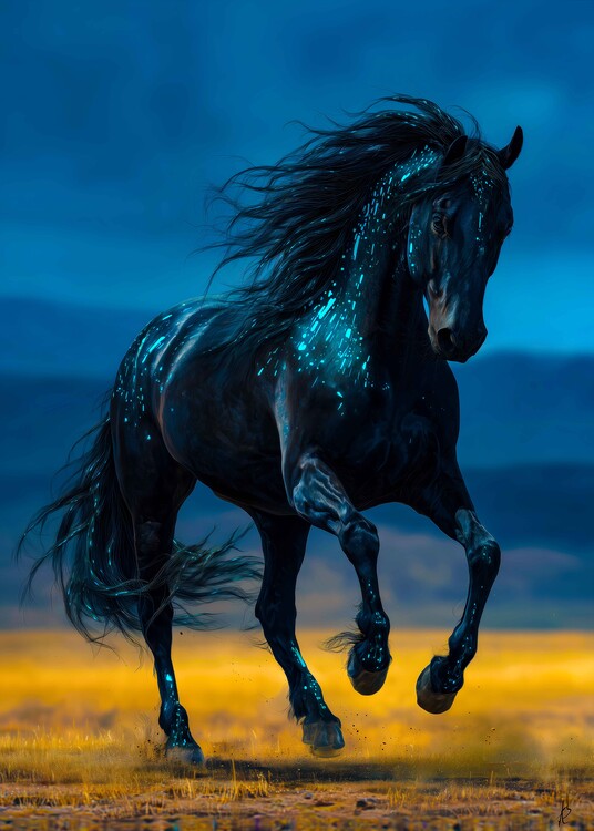 Poster Midnight Horse Glowing Black Stallion Running Poster