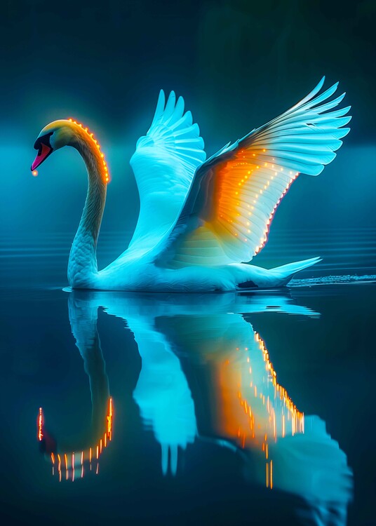 Poster Luminous Swan Elegant Glowing Bird Lake Art Poster