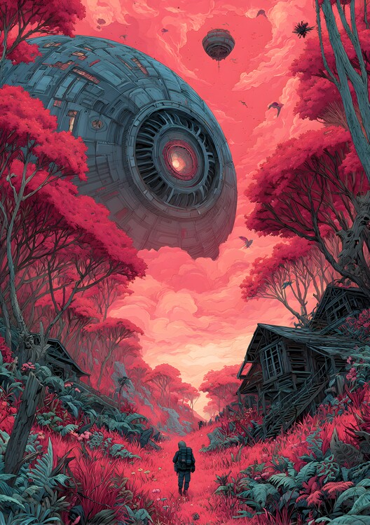 Plakát Landed In Japanese Magenta - Sci-Fi Art