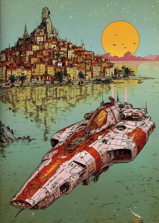 Plakát Sunset Spaceship - Sci-Fi Art