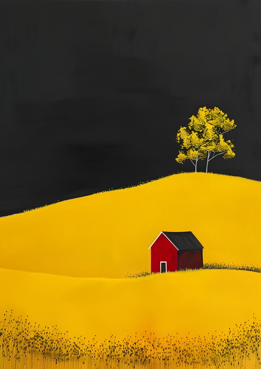 Plakát Yellow Meadows Red Cottage - Minimalism Art