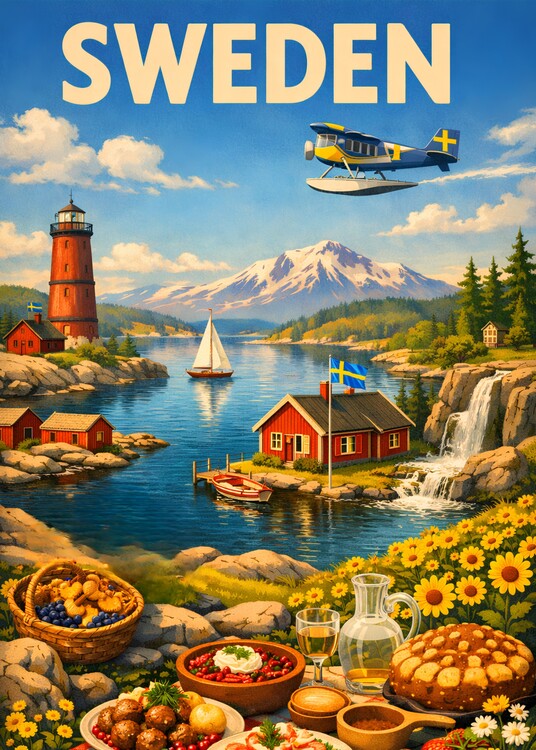 Plakát Vintage Travel Sweden Landscape