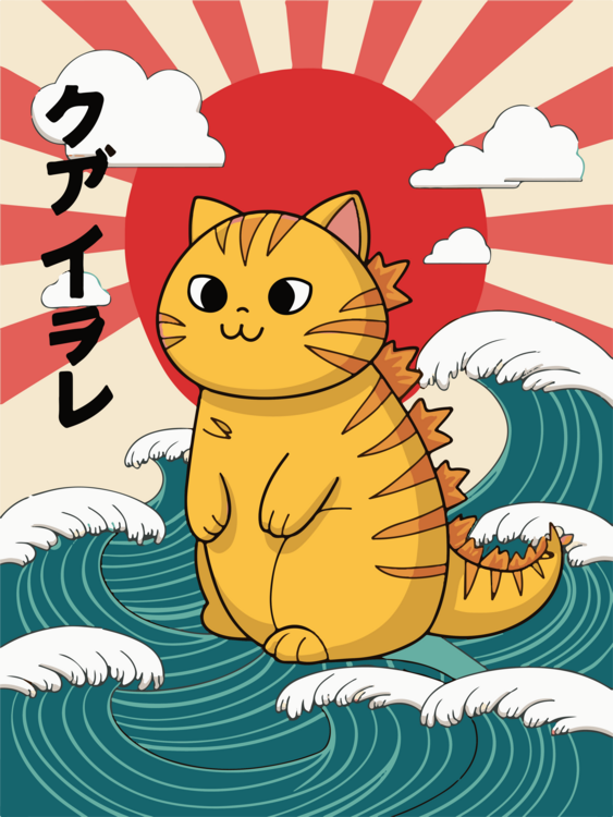 Plakát Kawaii Catzilla Ukiyoe, Giant Cat Monster Ukiyoe