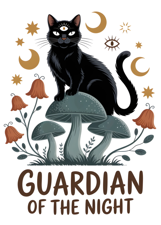 Tričko Black Cat: Guardian of the Night, Cat on Mushrooms