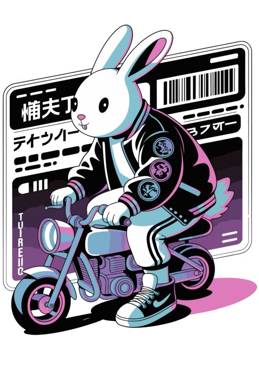 Tričko Kawaii white rabbit on a motorcycle - Japanese art style
