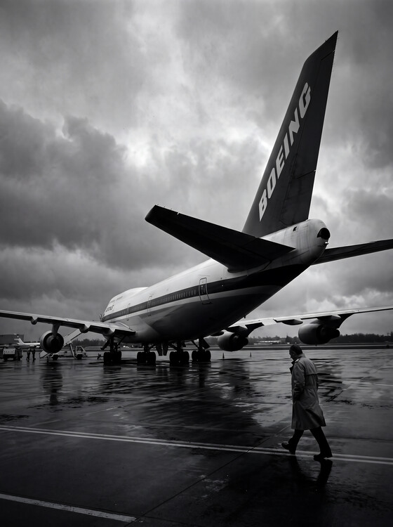 Poster Boeing 747 on Wet Tarmac Under Dramatic Cloudy Sky