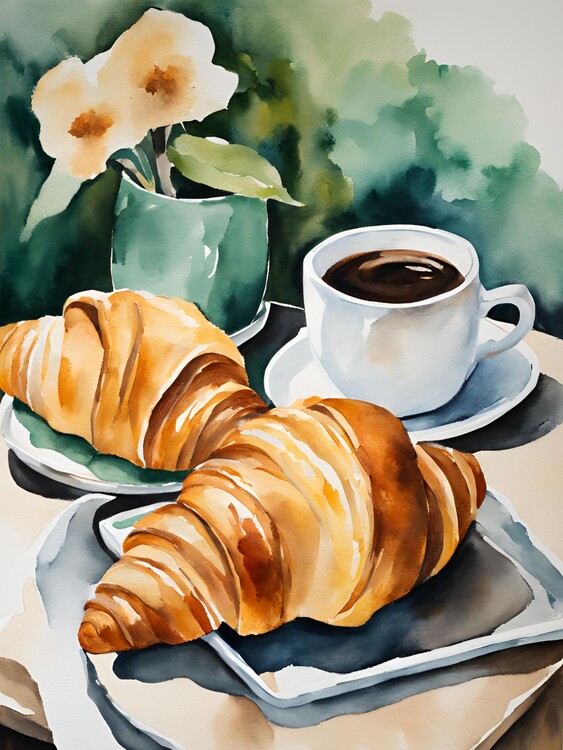 Плакат Kaffee und Croissants mit Blume - Aquarell