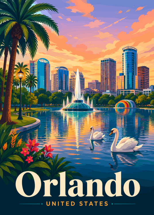 Poster Orlando United States Lake Eola Skyline Travel Poster