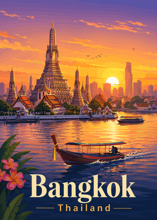 Poster Bangkok Thailand Temple Skyline Travel Poster