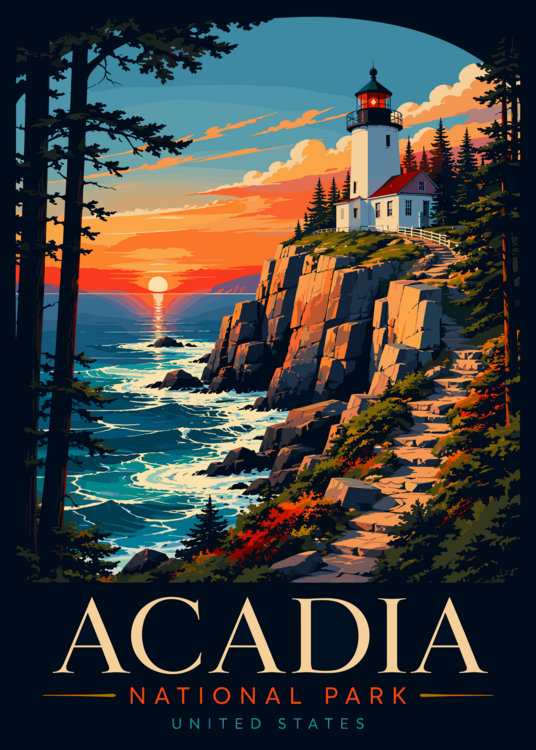 Poster Acadia National Park United States Lighthouse Travel Poster