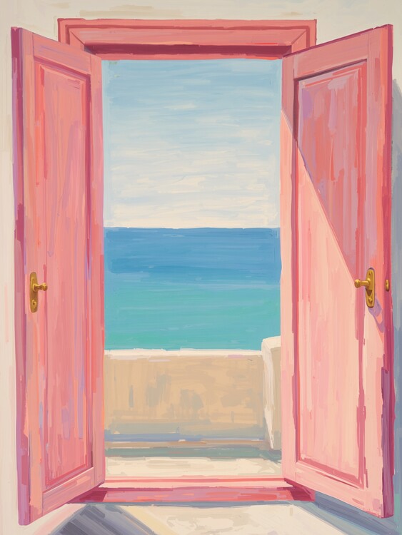 Poster Pink open door with view to the sea