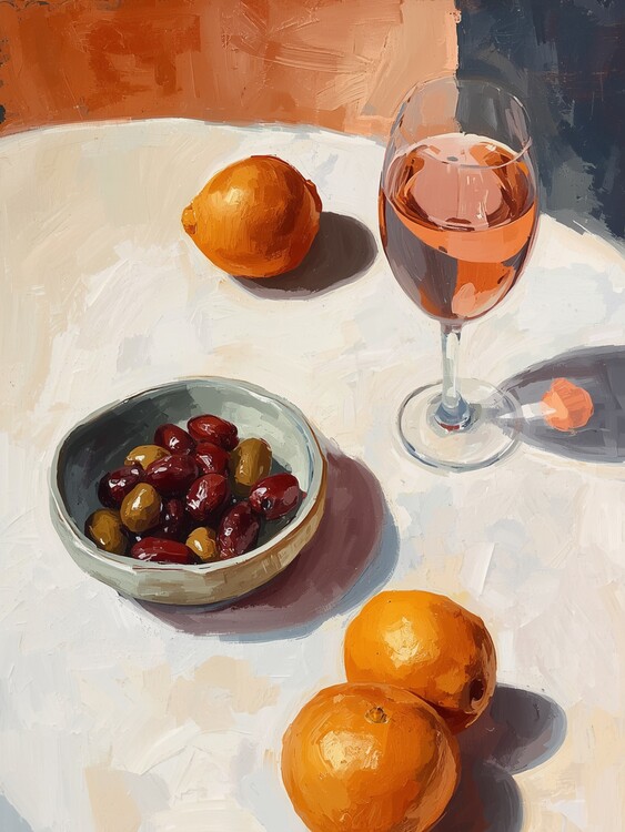 Poster Stillleben mit Zitrusfrüchten, Oliven und Roséwein