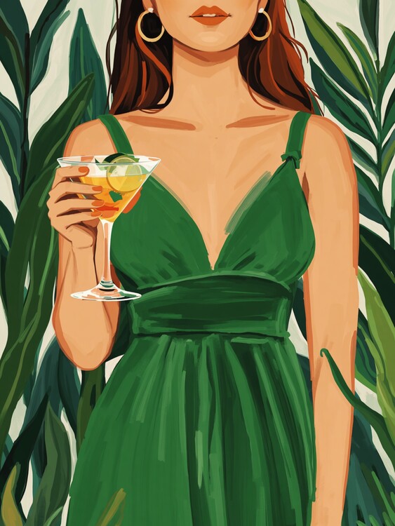 Poster Emerald Elegance: Frau in Grün mit Cocktail