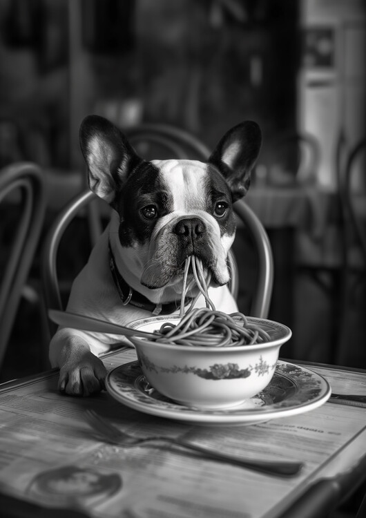 Poster French Bulldog Eating Spaghetti