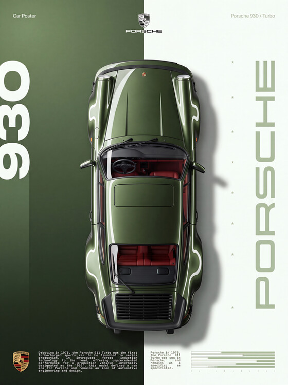 Плакат Olive Green Porsche 930 Turbo Top-Down View