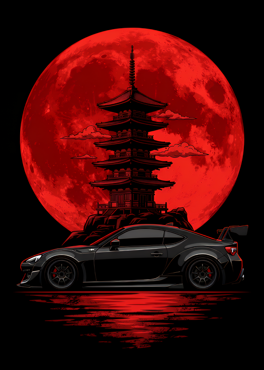 Плакат JDM Legend: Black GT86 Sports Car with Red Blood Moon