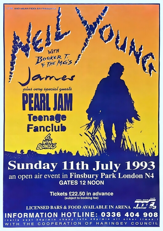Плакат Neil Young, James, Pearl Jam & Teenage Fanclub – Finsbury Park 1993