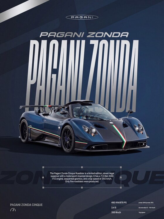 Poster Sleek Dark Blue Pagani Zonda Cinque Typographic Poster