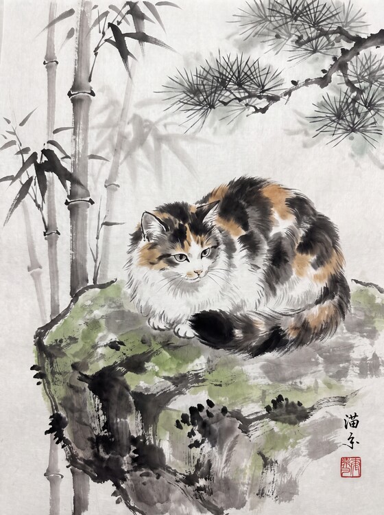 Poster A Calico Curled Upon a Mossy Rock