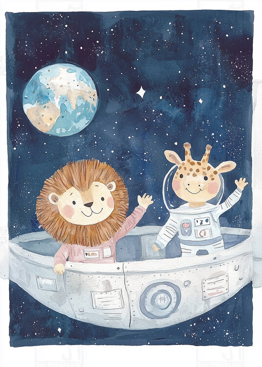Плакат Lion Giraffe Space Adventure