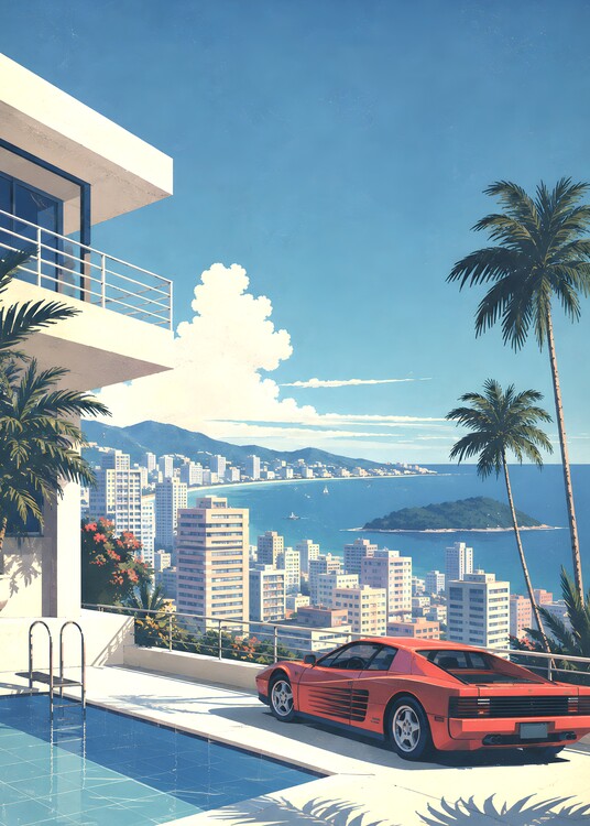 Poster view city with red car