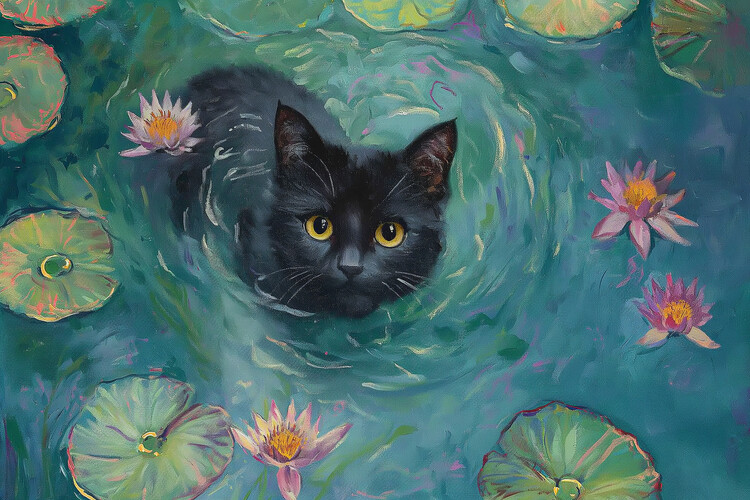 Canvas Print Charming Cat Lily Pond