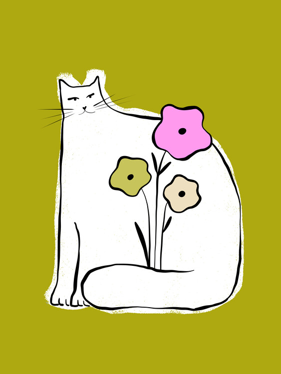 Canvas Print Whimsical Cat Flowers