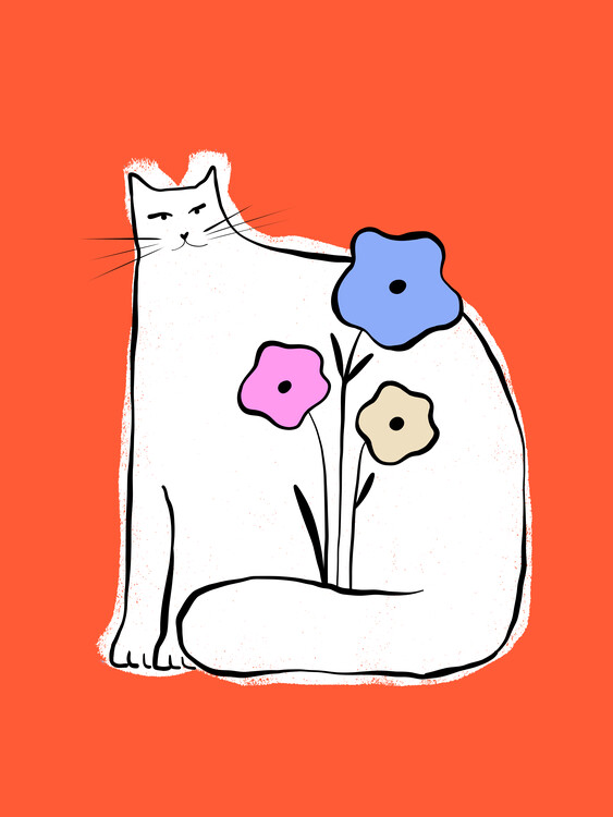 Canvas Print Whimsical Cat Blooms