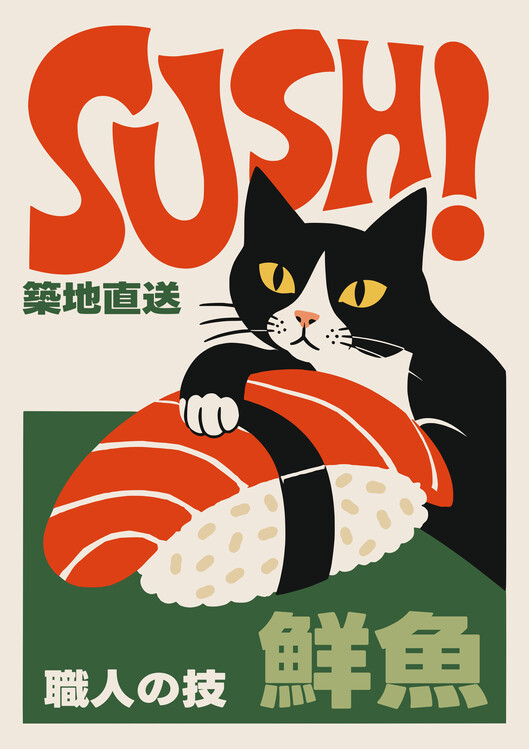 Plakát Japanese Sushi Cat