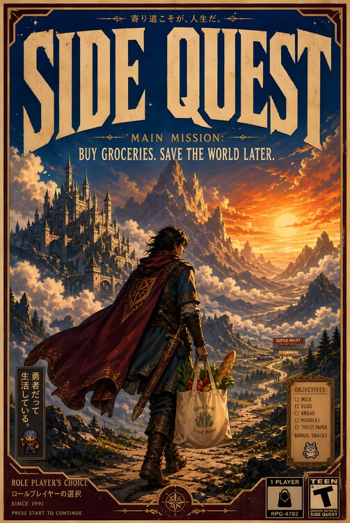 Poster Side Quest — Buy Groceries. Save the World Later.