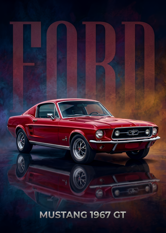 Plakát Ford Mustang 1967 GT - Red Classic Muscle Car