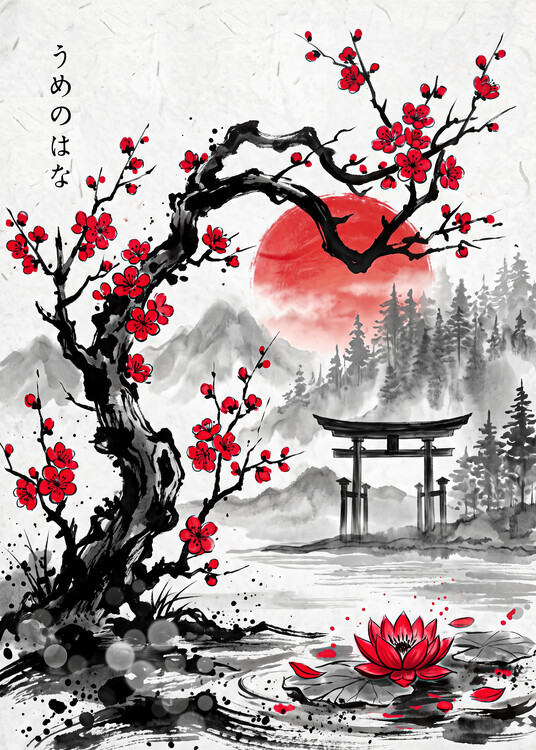 Plakát Japanese Garden with Red Blossoms and Torii