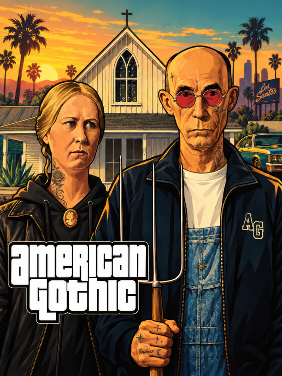 Plakát American Gothic in the style of GTA inspired by Grant Wood