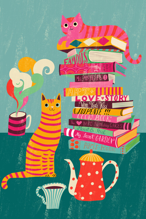 Plakát Whimsical Cats and Books